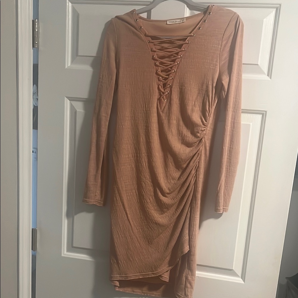 Elegant Lace-Up Tan Dress